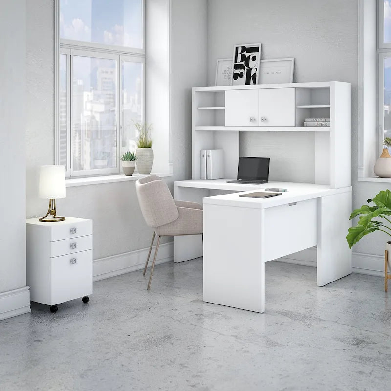 L-Shaped Desk with Hutch, Return & Mobile File Cabinet - 4 Piece Office Set