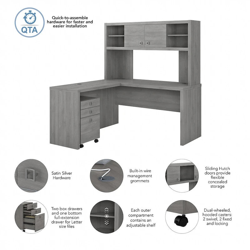 L-Shaped Desk with Hutch, Return & Mobile File Cabinet - 4 Piece Office Set