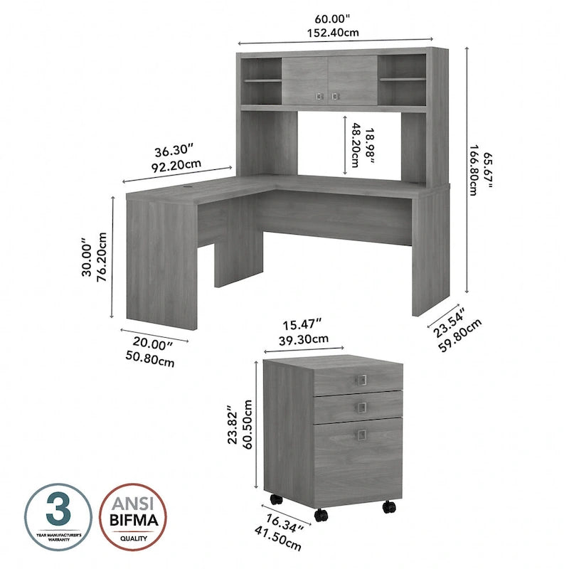 L-Shaped Desk with Hutch, Return & Mobile File Cabinet - 4 Piece Office Set