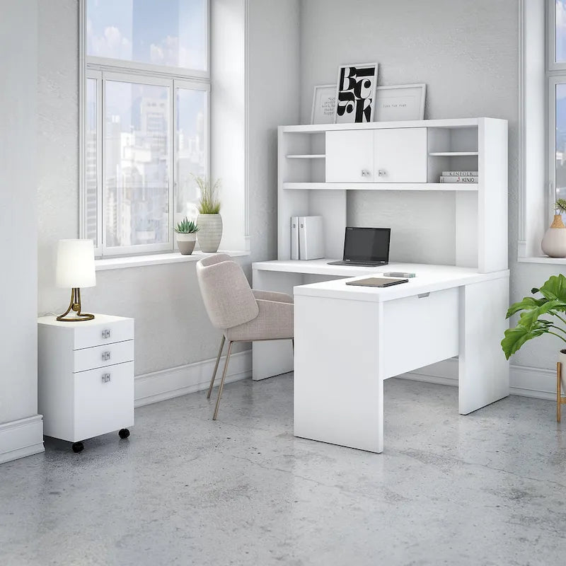L-Shaped Desk with Hutch, Return & Mobile File Cabinet - 4 Piece Office Set