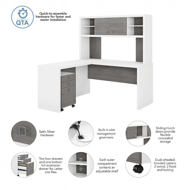 L-Shaped Desk with Hutch, Return & Mobile File Cabinet - 4 Piece Office Set