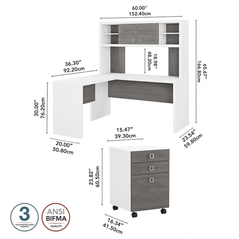 L-Shaped Desk with Hutch, Return & Mobile File Cabinet - 4 Piece Office Set