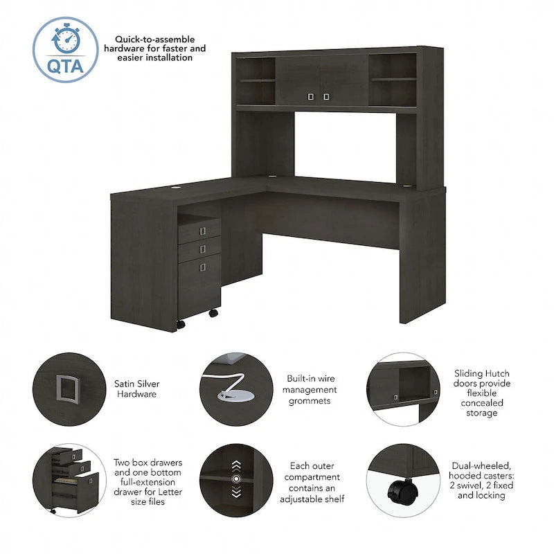 L-Shaped Desk with Hutch, Return & Mobile File Cabinet - 4 Piece Office Set