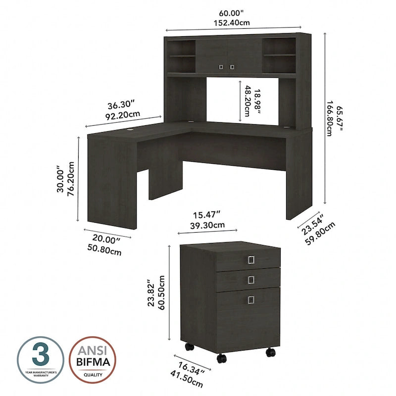 L-Shaped Desk with Hutch, Return & Mobile File Cabinet - 4 Piece Office Set