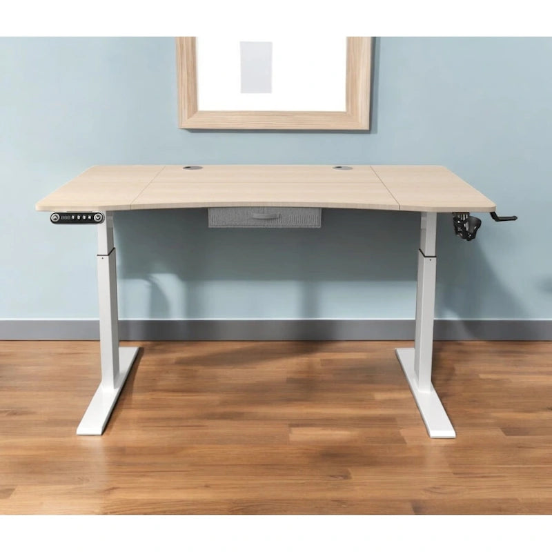 Adjustable Oak & White Wood and Metal Electric Standing Desk with Drawer