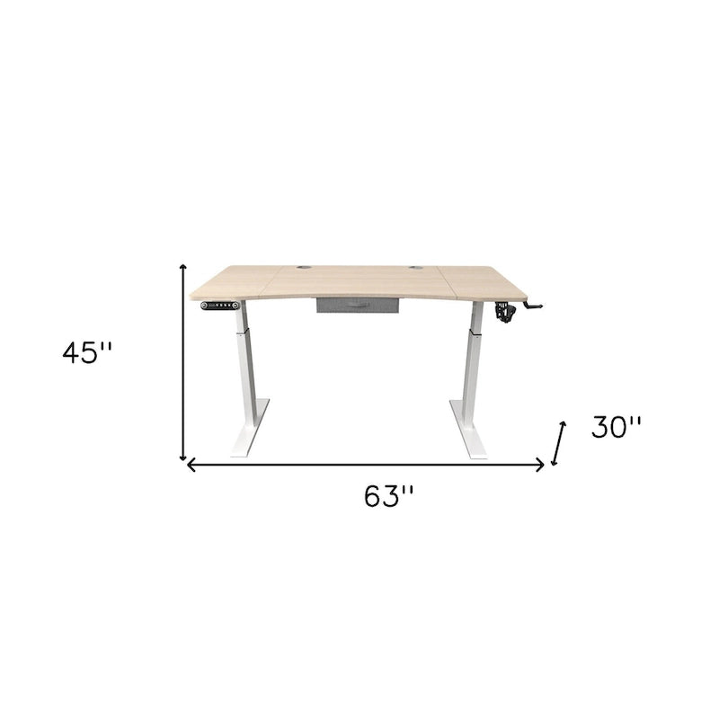 Adjustable Oak & White Wood and Metal Electric Standing Desk with Drawer