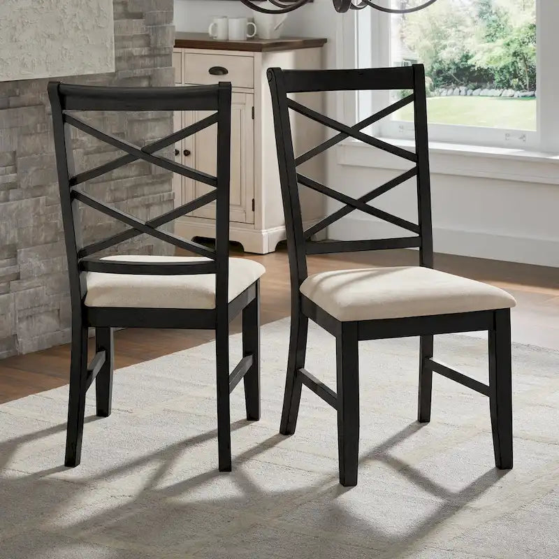 Wood Finish Double Cross Back Sand Fabric Dining Chair Set of 2