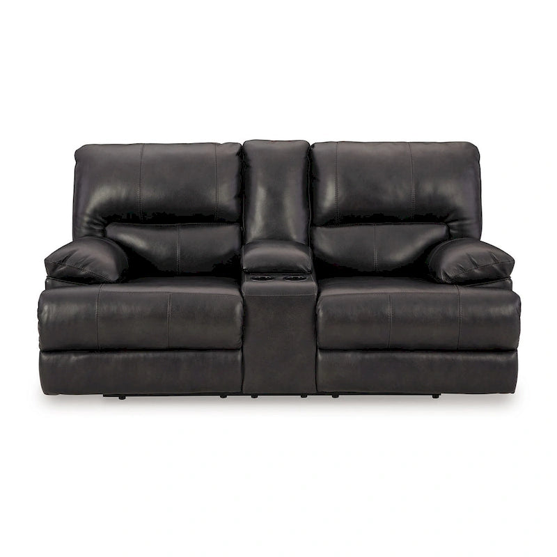 82" Power Recliner Loveseat - Black Leather with Cupholders & Adjustable Headrests