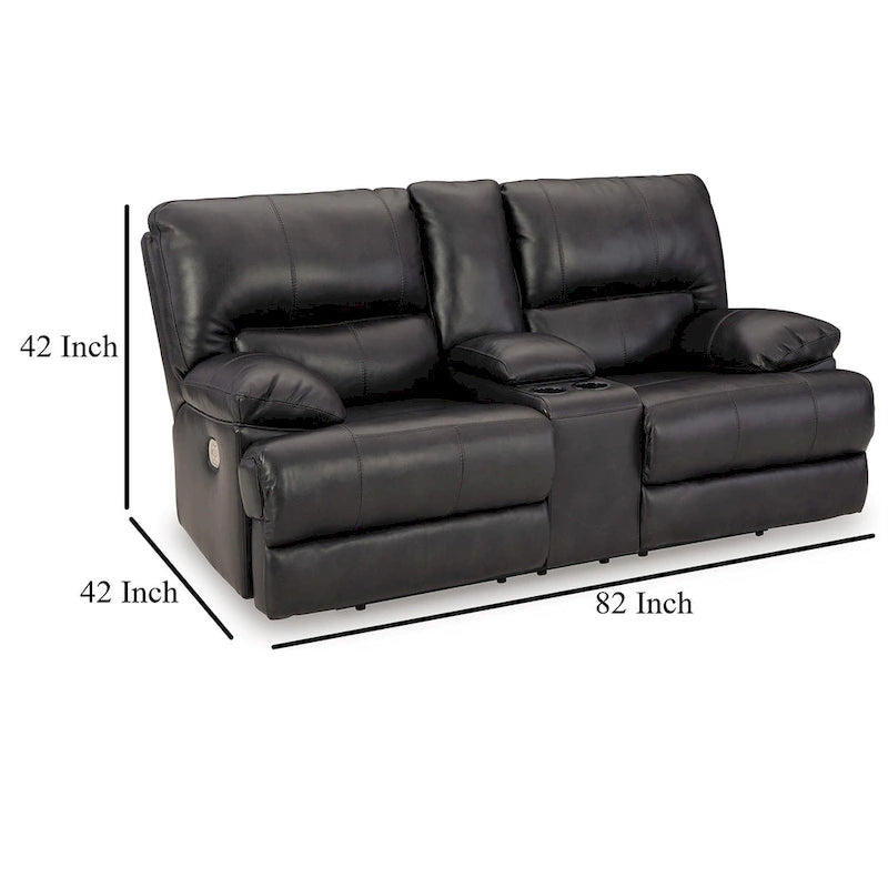 82" Power Recliner Loveseat - Black Leather with Cupholders & Adjustable Headrests