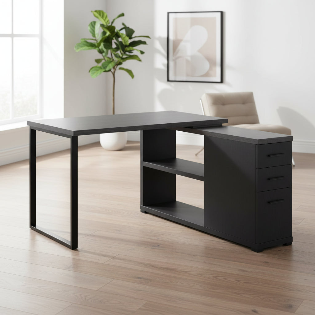 Grey Wood L-Shaped Computer Desk with Drawers and Metal Pedestal Base