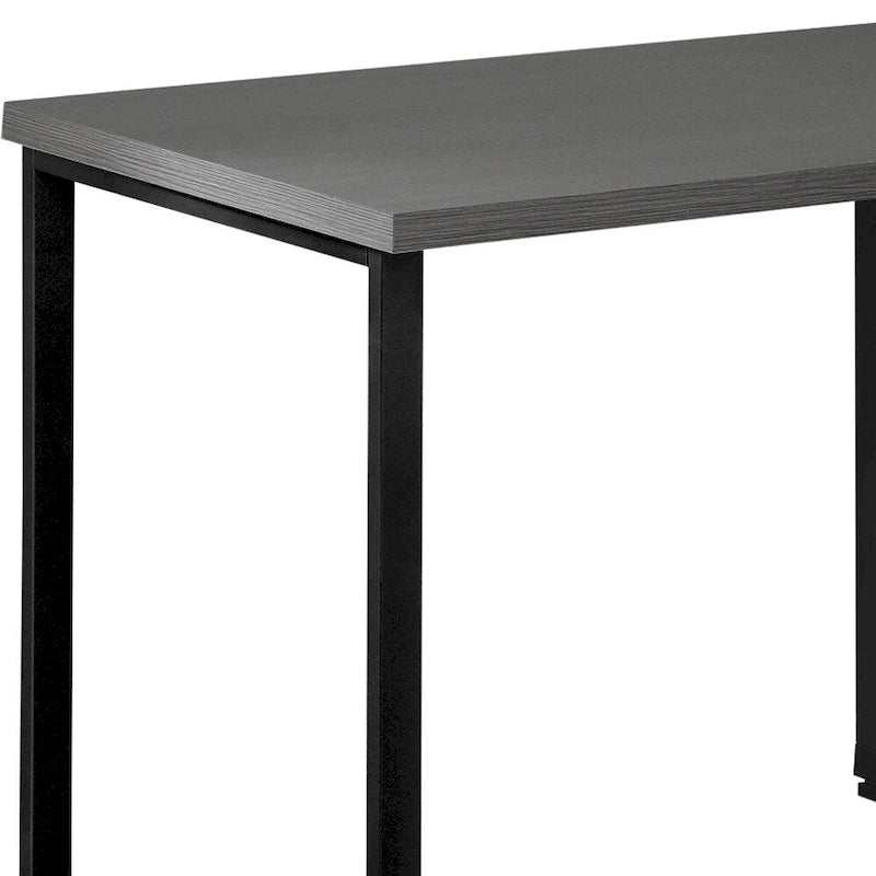 Grey Wood L-Shaped Computer Desk with Drawers and Metal Pedestal Base
