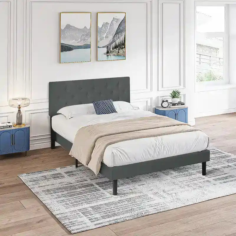 Dark Gray Twin Size Upholstered Bed Frame with Button Tufted Linen Headboard