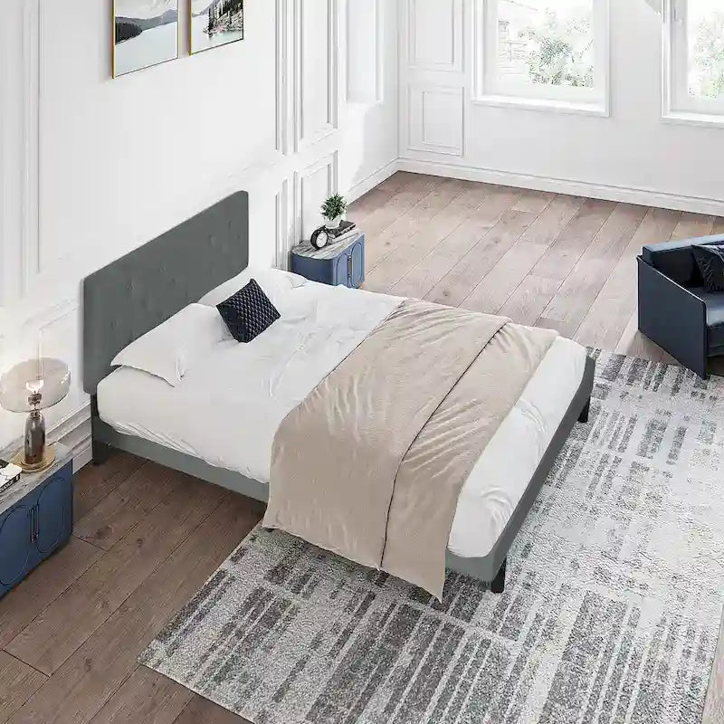 Dark Gray Twin Size Upholstered Bed Frame with Button Tufted Linen Headboard