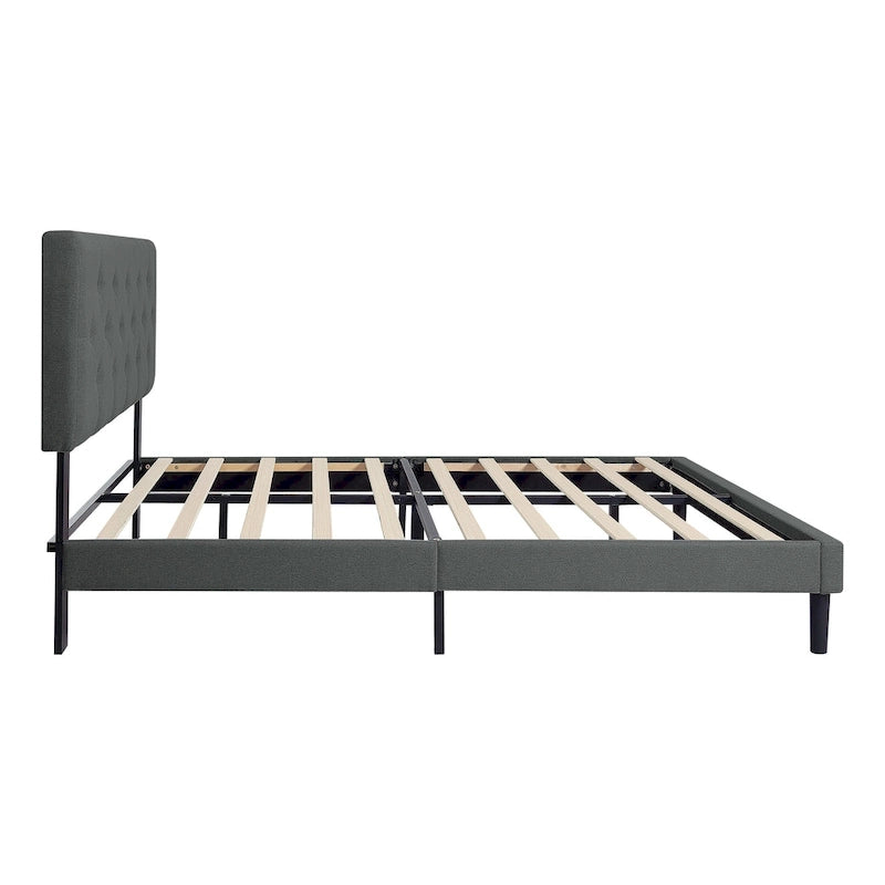 Dark Gray Twin Size Upholstered Bed Frame with Button Tufted Linen Headboard