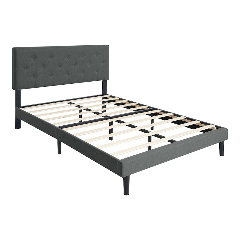 Dark Gray Twin Size Upholstered Bed Frame with Button Tufted Linen Headboard
