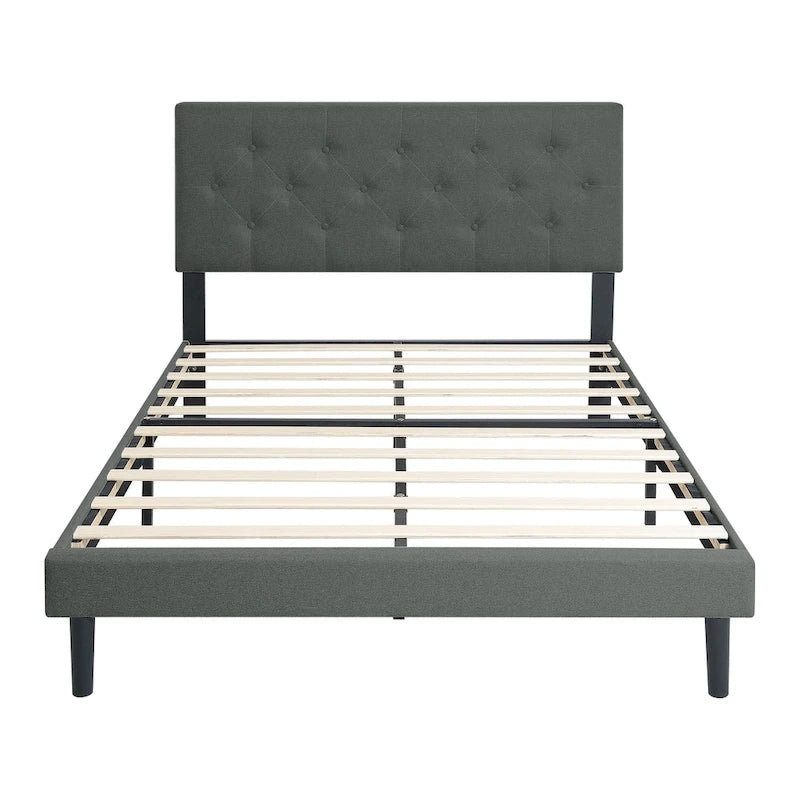 Dark Gray Twin Size Upholstered Bed Frame with Button Tufted Linen Headboard