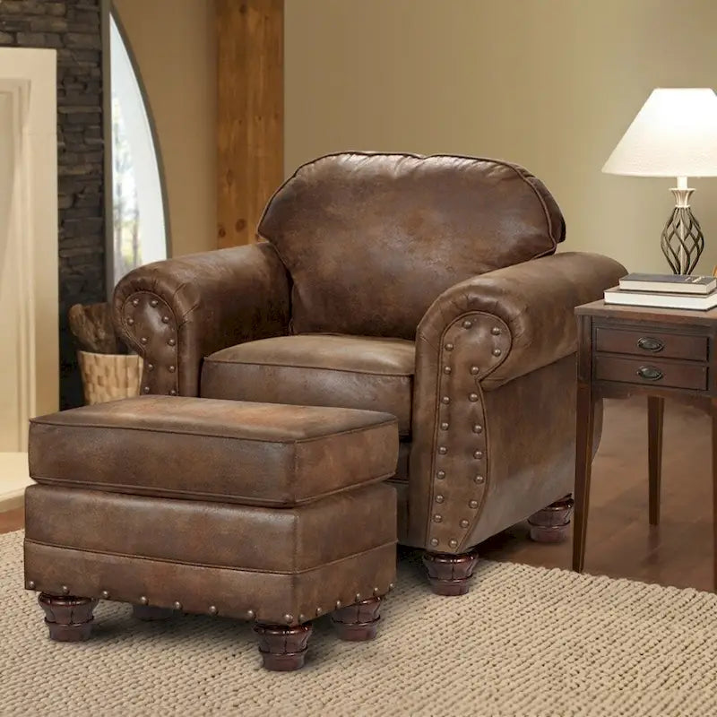Brown Faux Leather Rectangle Ottoman – Casual Rustic Style, Seats 1