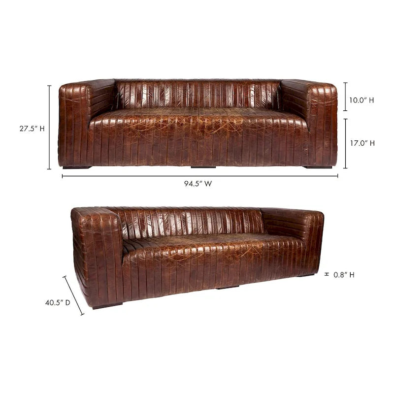 Modern Channel-Stitched Top-Grain Leather Sofa - 3 Seater