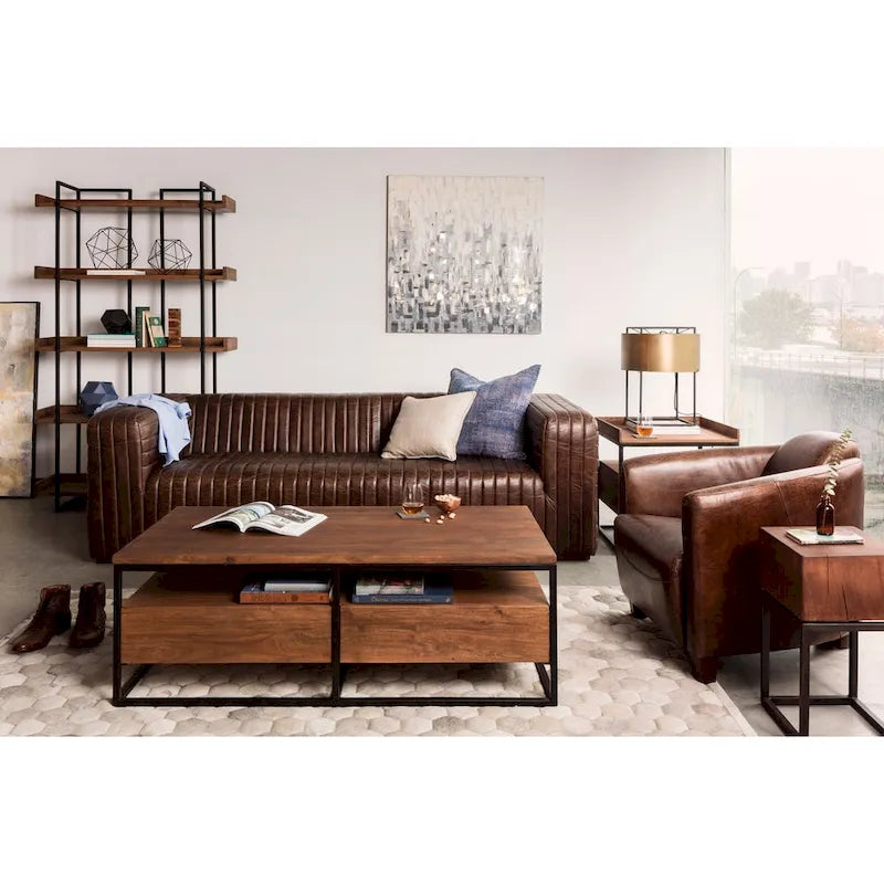Modern Channel-Stitched Top-Grain Leather Sofa - 3 Seater