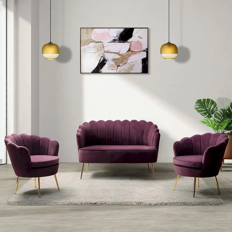 52 in. 3 Piece Living Room Set - Velvet Tufted Loveseat and 2 Chairs