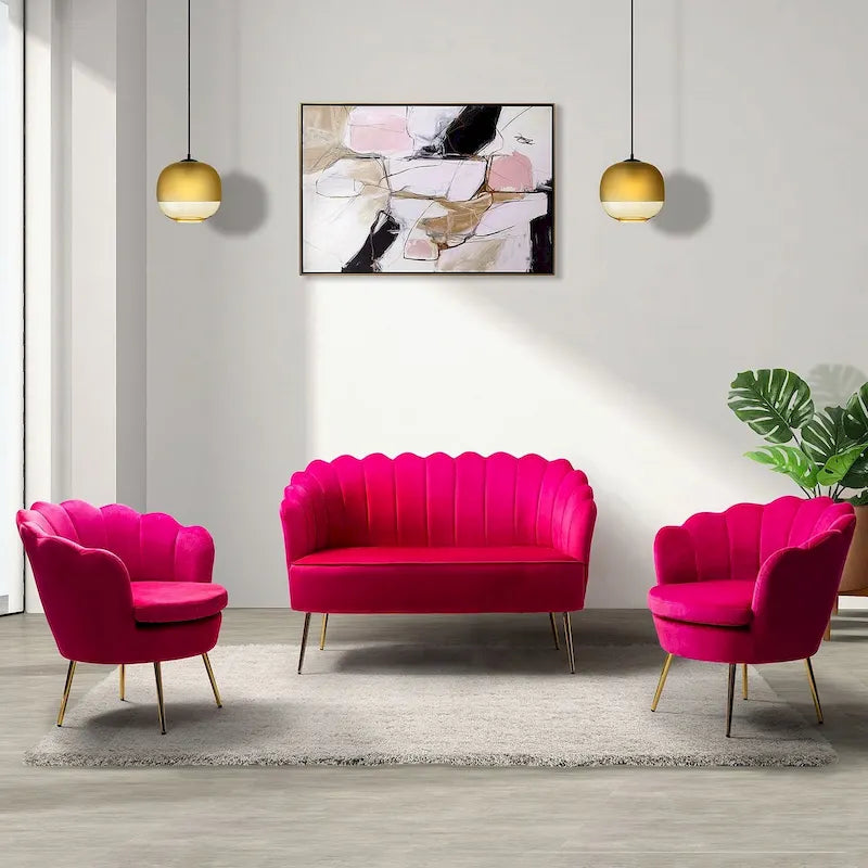 52 in. 3 Piece Living Room Set - Velvet Tufted Loveseat and 2 Chairs