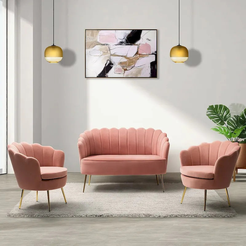 52 in. 3 Piece Living Room Set - Velvet Tufted Loveseat and 2 Chairs