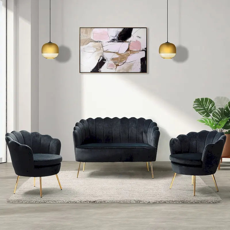 52 in. 3 Piece Living Room Set - Velvet Tufted Loveseat and 2 Chairs