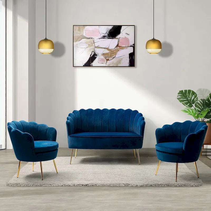 52 in. 3 Piece Living Room Set - Velvet Tufted Loveseat and 2 Chairs