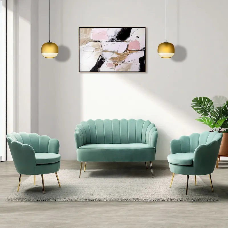 52 in. 3 Piece Living Room Set - Velvet Tufted Loveseat and 2 Chairs