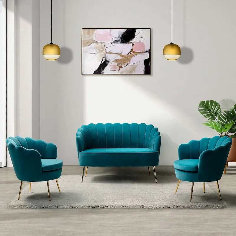 52 in. 3 Piece Living Room Set - Velvet Tufted Loveseat and 2 Chairs