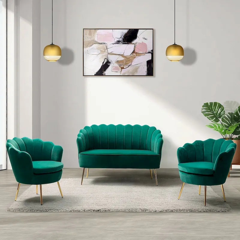 52 in. 3 Piece Living Room Set - Velvet Tufted Loveseat and 2 Chairs