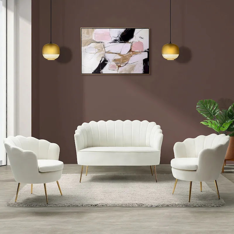 52 in. 3 Piece Living Room Set - Velvet Tufted Loveseat and 2 Chairs