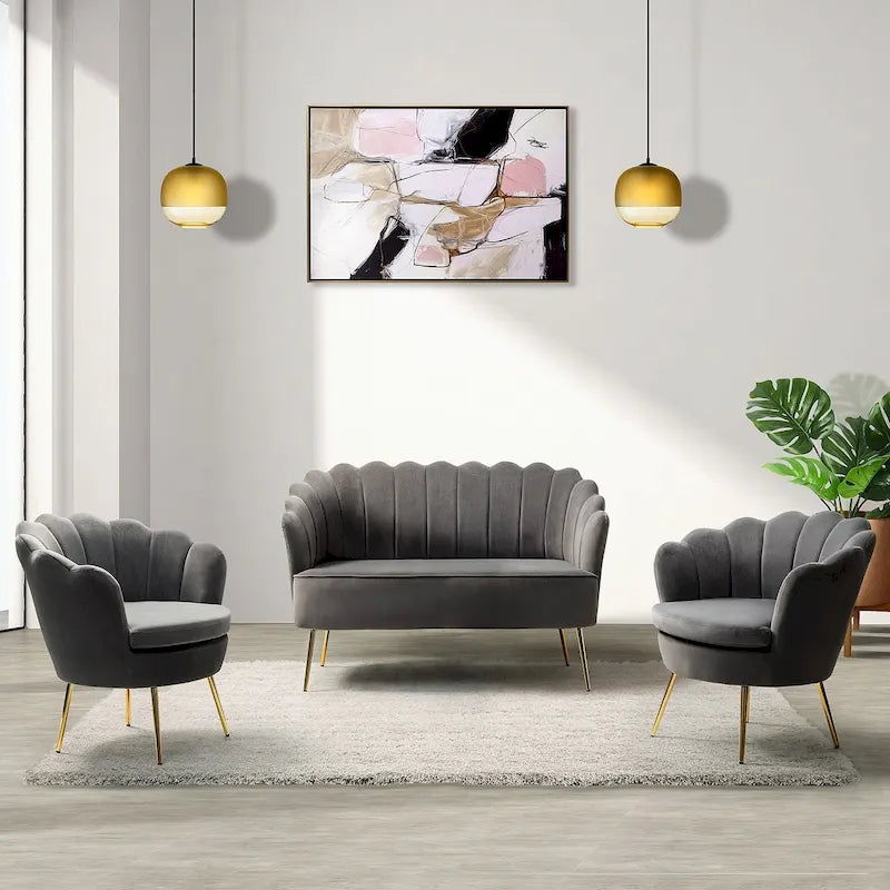 52 in. 3 Piece Living Room Set - Velvet Tufted Loveseat and 2 Chairs
