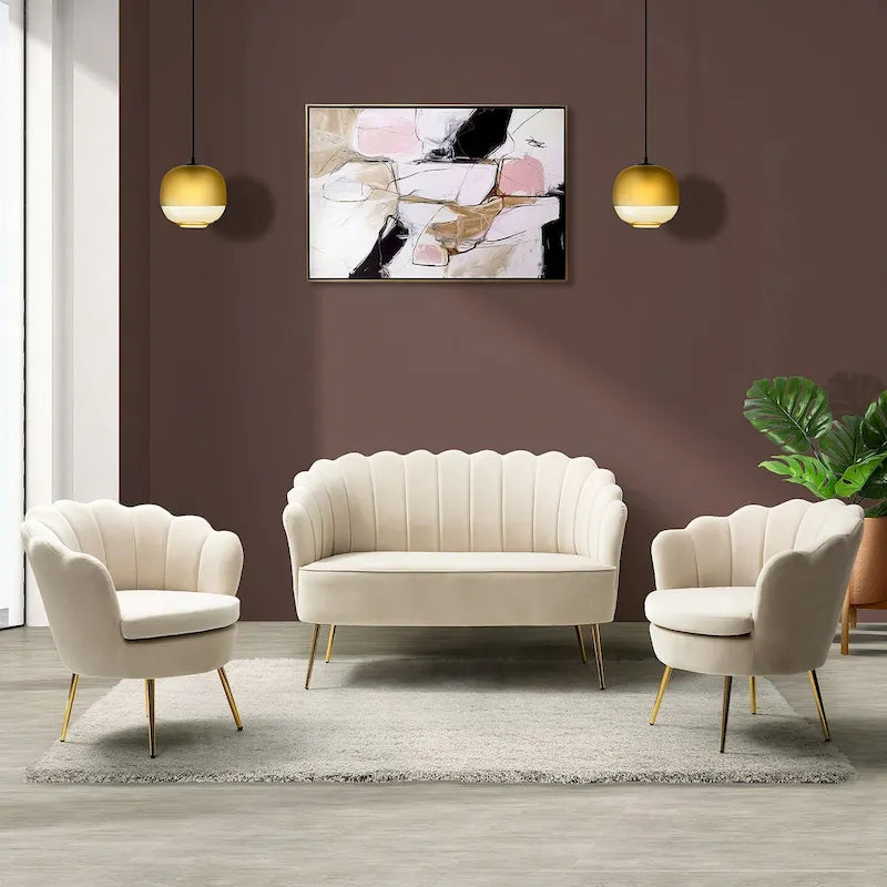 52 in. 3 Piece Living Room Set - Velvet Tufted Loveseat and 2 Chairs