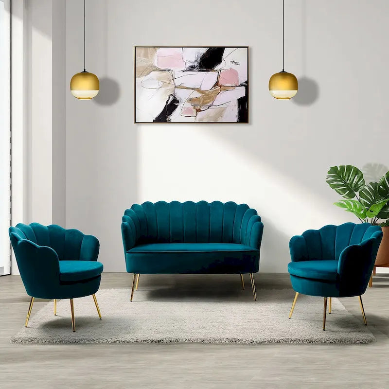 52 in. 3 Piece Living Room Set - Velvet Tufted Loveseat and 2 Chairs