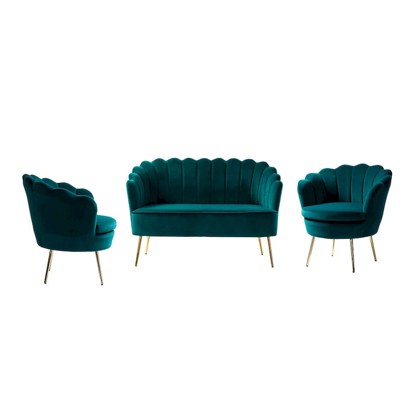 52 in. 3 Piece Living Room Set - Velvet Tufted Loveseat and 2 Chairs