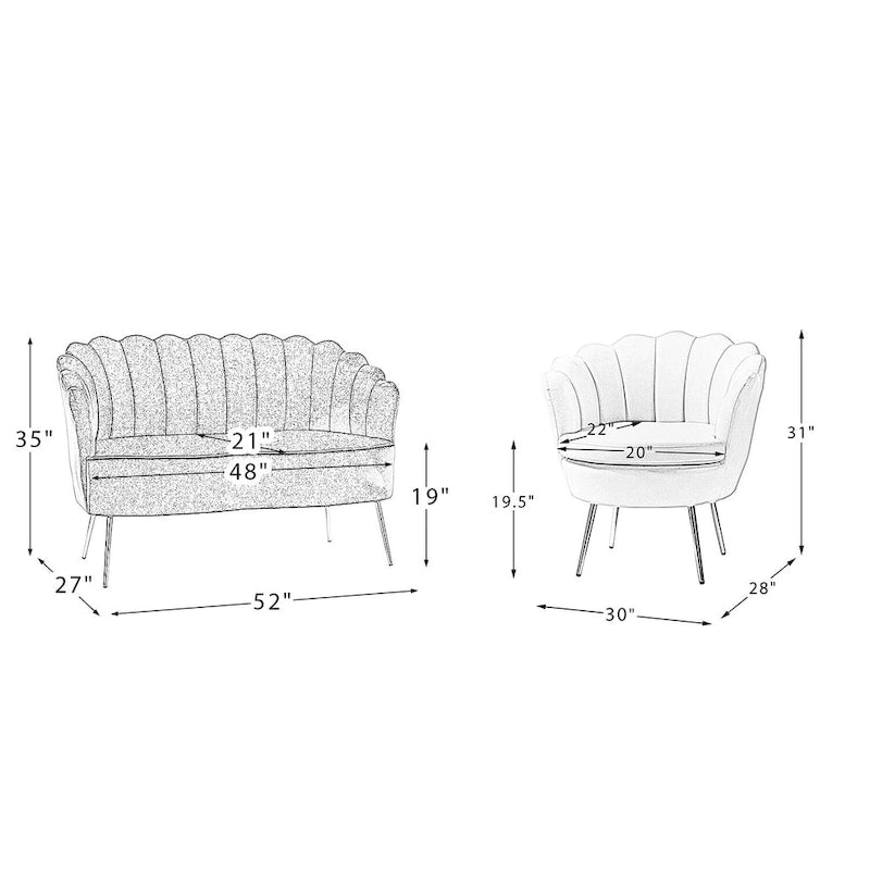 52 in. 3 Piece Living Room Set - Velvet Tufted Loveseat and 2 Chairs
