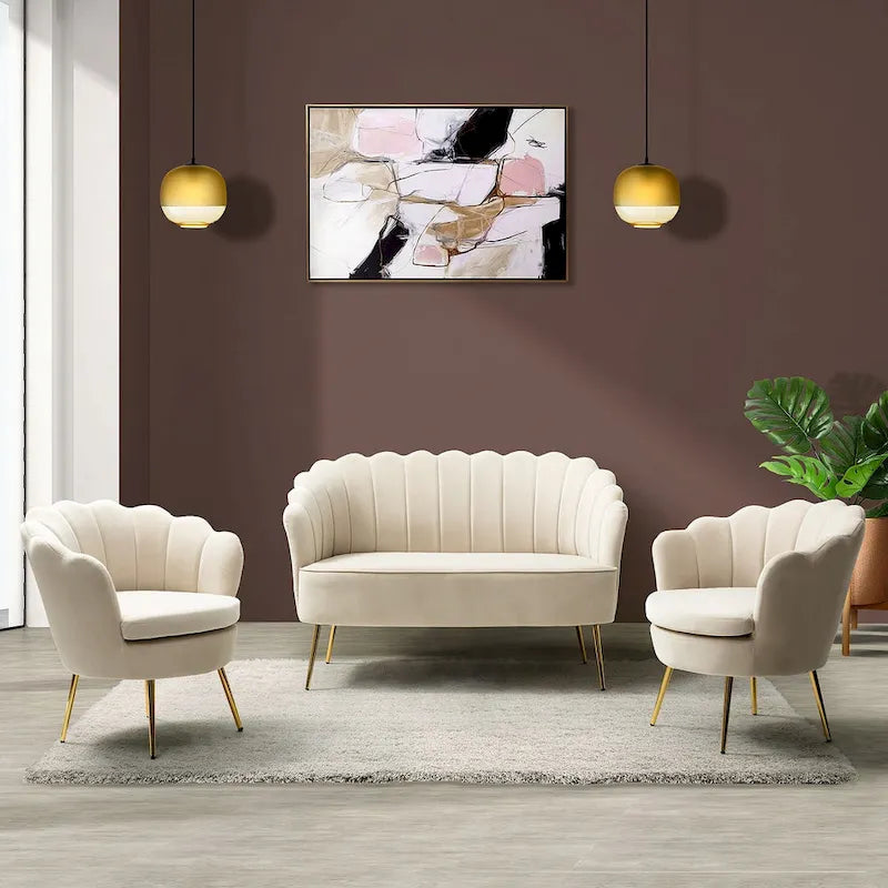 52 in. 3 Piece Living Room Set - Velvet Tufted Loveseat and 2 Chairs