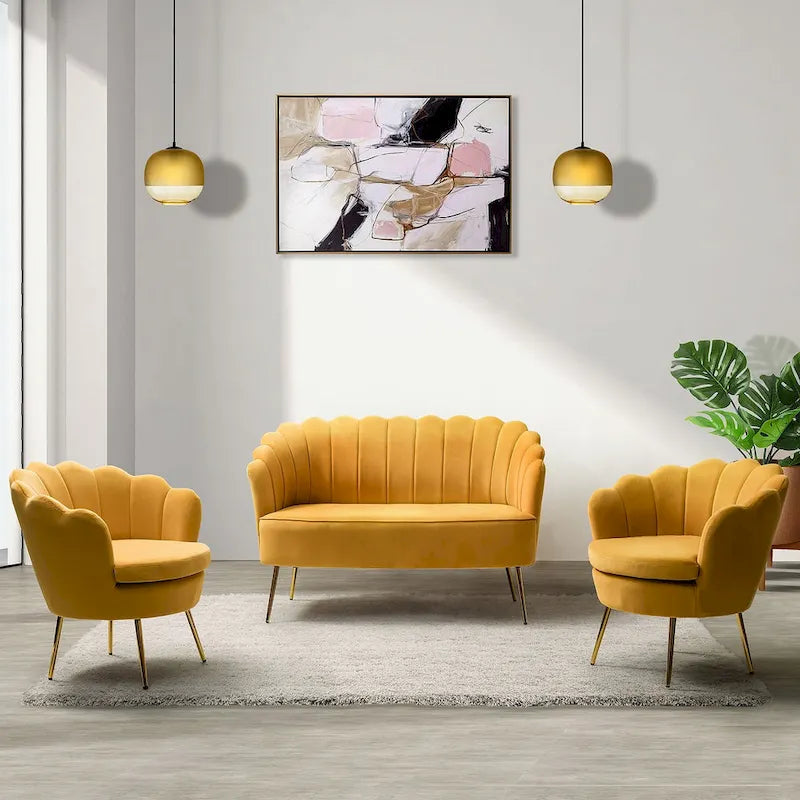 52 in. 3 Piece Living Room Set - Velvet Tufted Loveseat and 2 Chairs