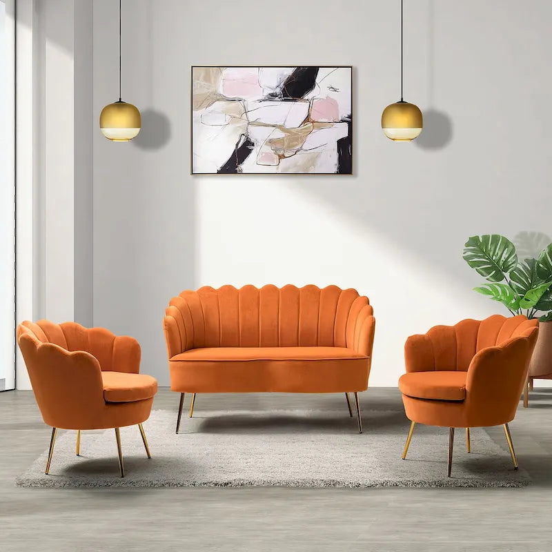52 in. 3 Piece Living Room Set - Velvet Tufted Loveseat and 2 Chairs