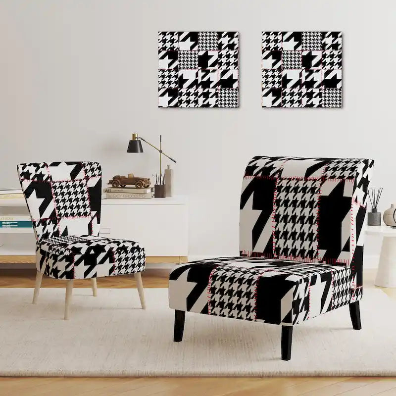 Classic Houndstooth Pattern Upholstered Mid-Century Accent Chair