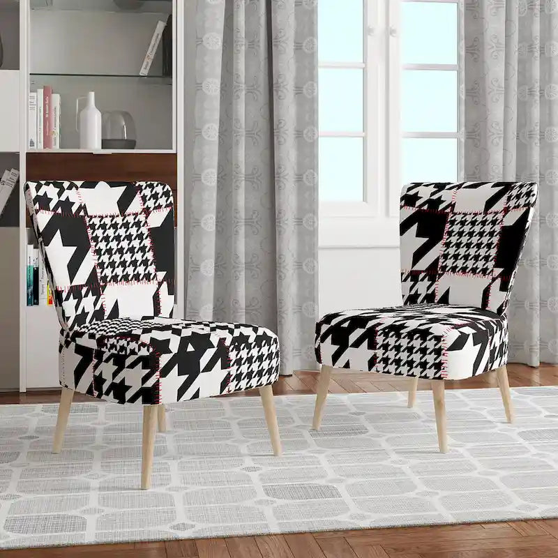 Classic Houndstooth Pattern Upholstered Mid-Century Accent Chair