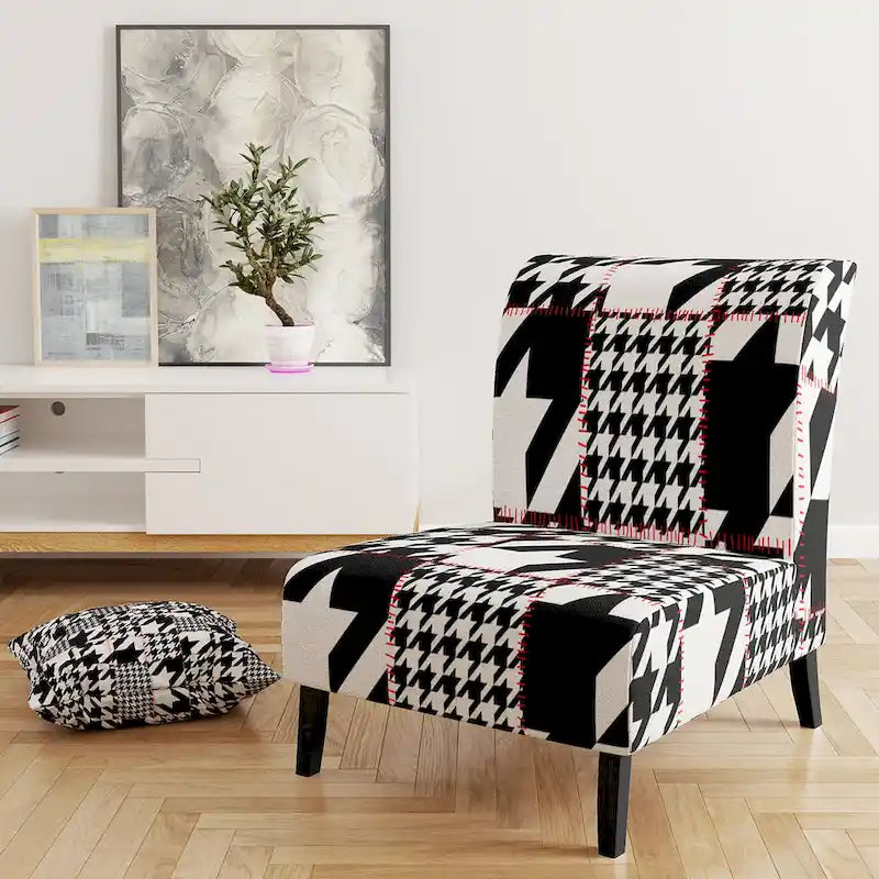 Classic Houndstooth Pattern Upholstered Mid-Century Accent Chair