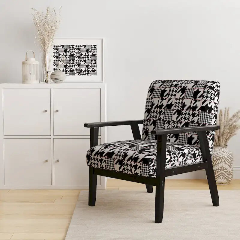 Classic Houndstooth Pattern Upholstered Mid-Century Accent Chair