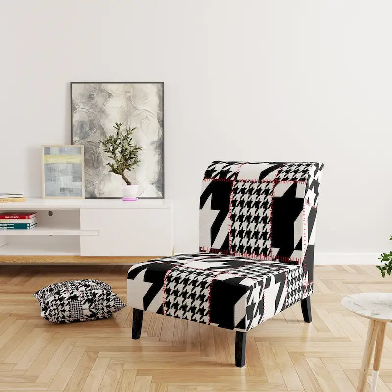 Classic Houndstooth Pattern Upholstered Mid-Century Accent Chair