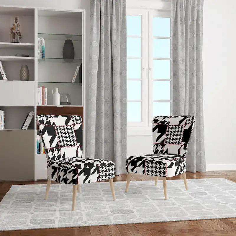 Classic Houndstooth Pattern Upholstered Mid-Century Accent Chair