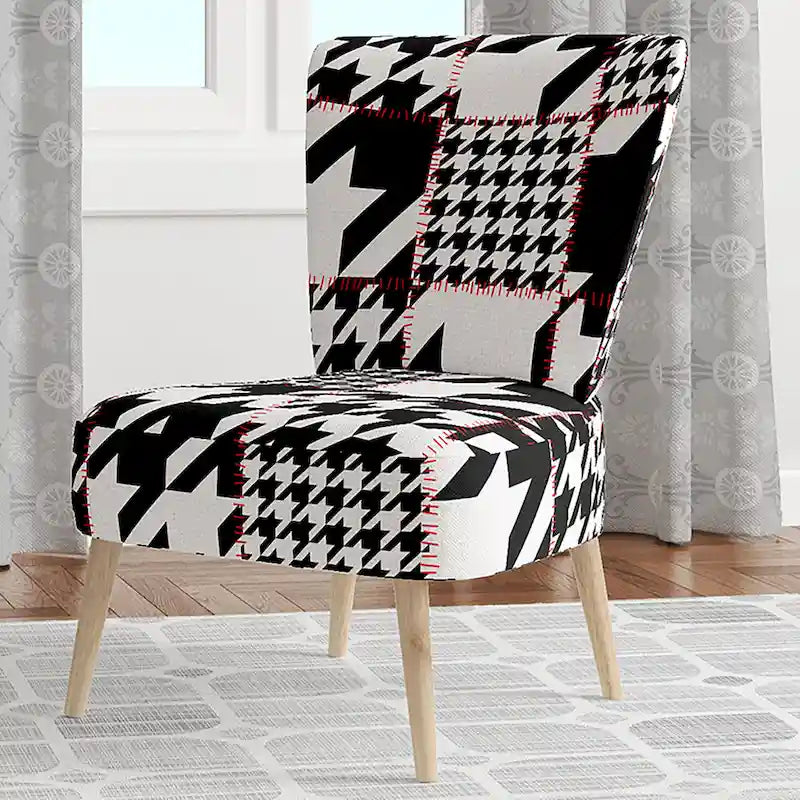 Classic Houndstooth Pattern Upholstered Mid-Century Accent Chair