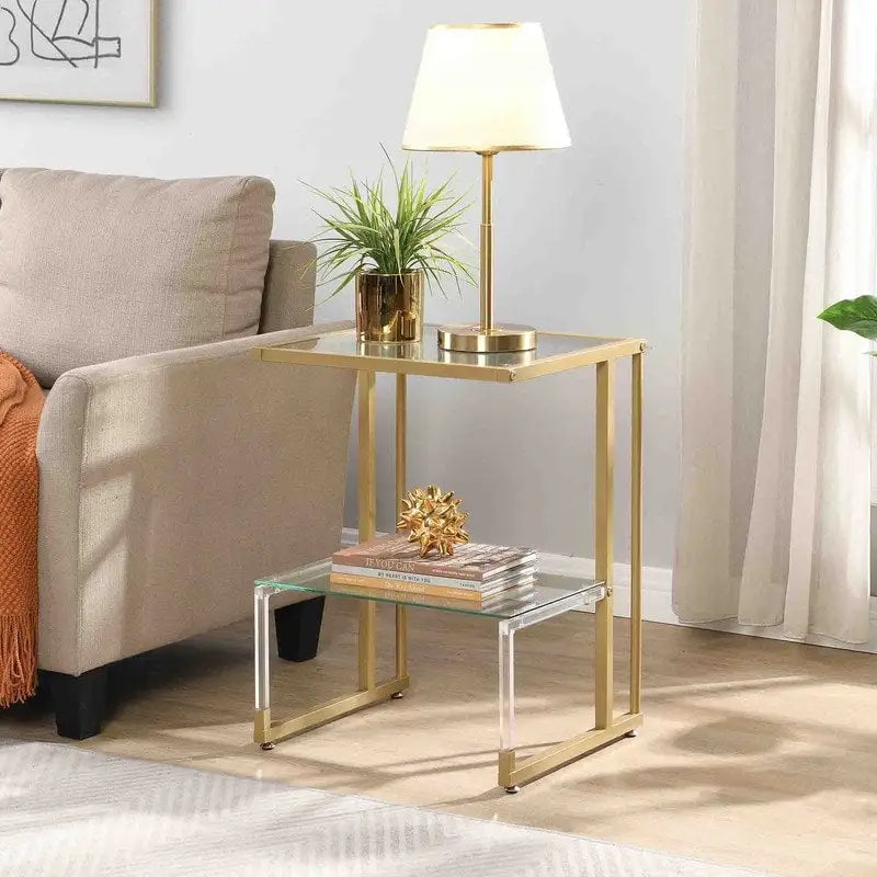 Contemporary 2-Tier End Table with Tempered Glass Shelves and Metal Frame
