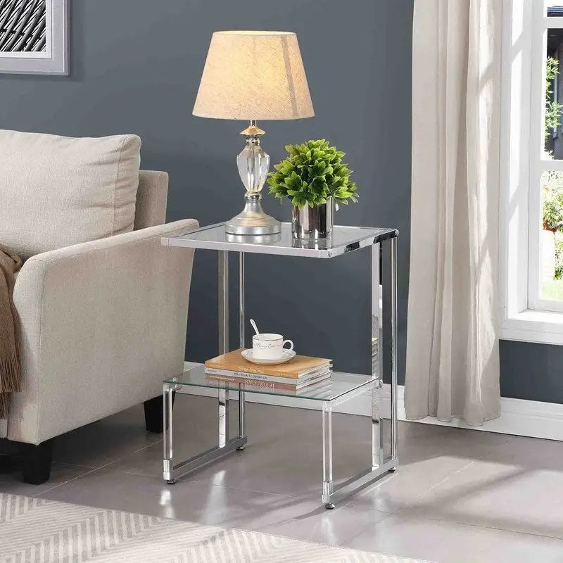Contemporary 2-Tier End Table with Tempered Glass Shelves and Metal Frame