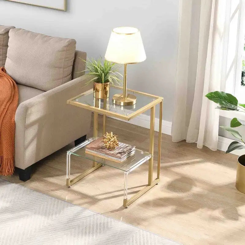 Contemporary 2-Tier End Table with Tempered Glass Shelves and Metal Frame